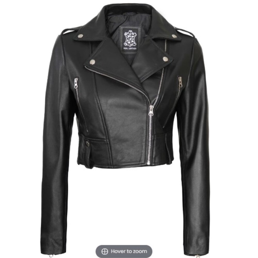 Women's Black Cropped Leather Biker Jacket - Moto Style
